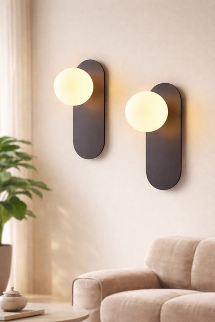 2Nd Set Ellipse Metal Sconce with Glop White Glass - 2 Pieces Black Concept Product - Modern Sconce Bedside ✨ Wall Sconce Modern Sconce Glass Sconce Decorative Sconce E-27 Sconce with Base Living Room Sconce Metal Sconce
