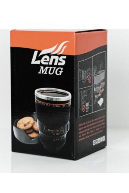 Cană Termos „Lens Mug” în Formă de Obiectiv Foto, Interior Inox, Capac cu Închidere Etanșă, 400 ml
