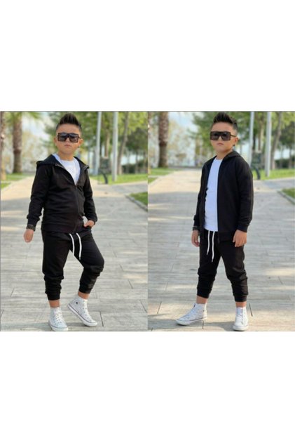 Unisex Children's Hooded Zippered 3-Piece Set Black