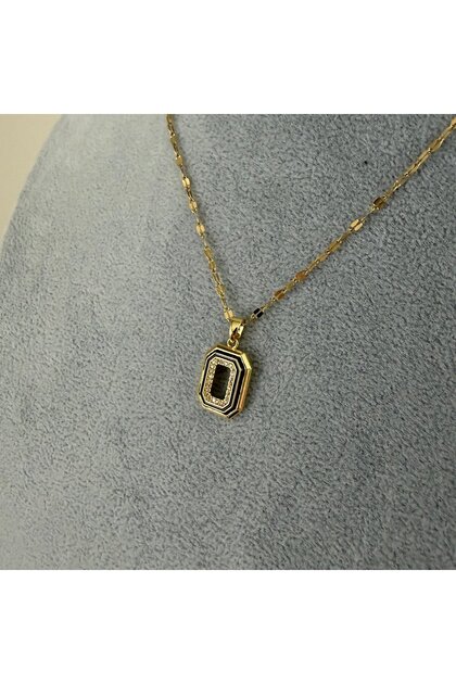 Square Zircon Stone Black Detailed Steel Necklace