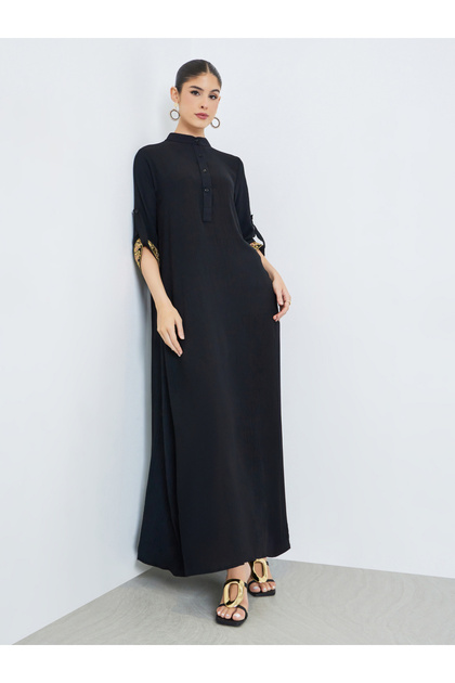 Black Stand Collar Jalabiya with Embroidered Sleeves