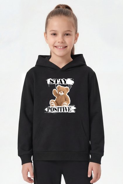 Kangaroo Pocket Hooded Print Detailed Girls' Kangaroo Top