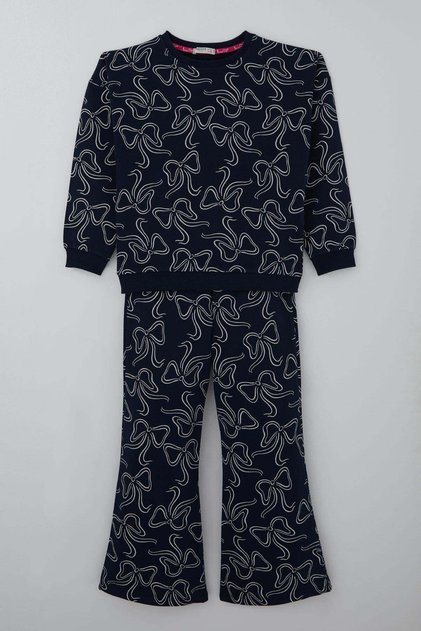 Girl's Tracksuit Set with Ribbon Pattern and Elastic Waist, Ages 9-14, Navy Blue