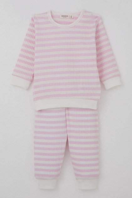 Baby Girl Pajama Set with Shoulder Patches, Self-Patterned, 4 Months-1 Year, Pink