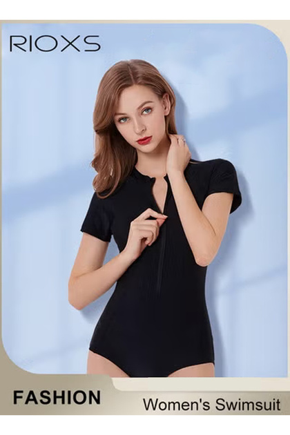 Women's One-piece Rash Guard Swimsuit, UV Protecion Zip Up Modest Swimwear, Fashionable Short Sleeve