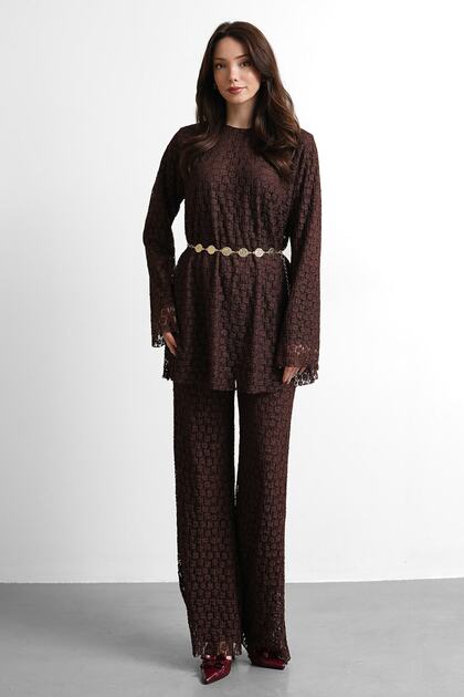 Molly Nelly Women's Belted Lace Blouse and Trousers Set