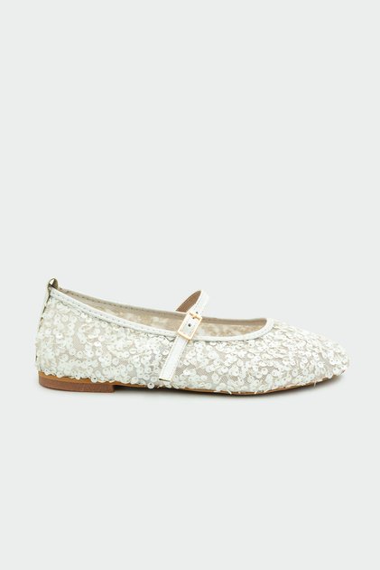 Brest White Women's Flat Buckle Ballerinas with Sequin Detail