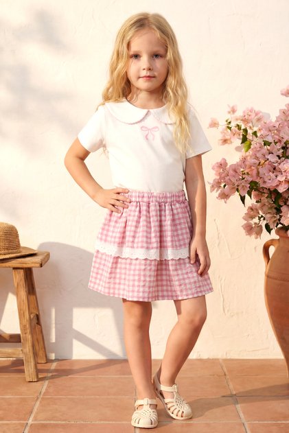 Girl's Top and Bottom Set Summer Plaid Patterned Skirt with Collar Detail Pink