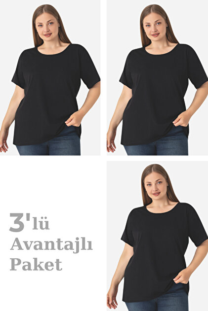 Kadın Büyük Beden Pamuklu Basic Kısa Kollu Bisiklet Yaka Tişört Siyah 3'lü Paket