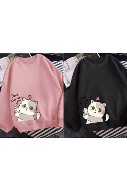Set de 2 hanorace de damă cu imprimeu pisică și guler rotund EYAXX Sportwear Company