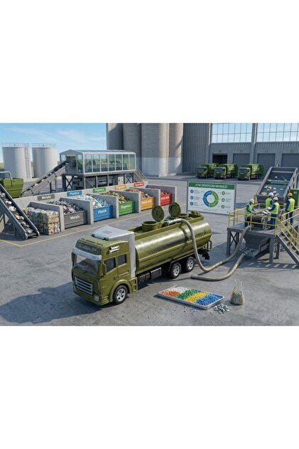 Pull and Drop 19cm Construction Vehicle Themed Tanker Detailed Tanker with Openable Covers Toy Truck Green