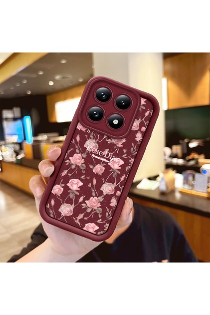 Mi 14t Pro Compatible Shockproof Simple Claret Red Silicone Phone Case Flower Pattern