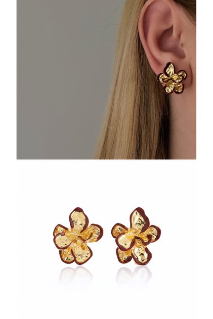 Gold Color Burgundy Striped Etra Flower Model Women's Earrings