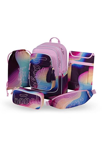 Set rucsac școlar 5 piese: Rucsac, Penar, Sac, Borsetă, Husă laptop, Cubic Lyra, fete, 29L, Roz