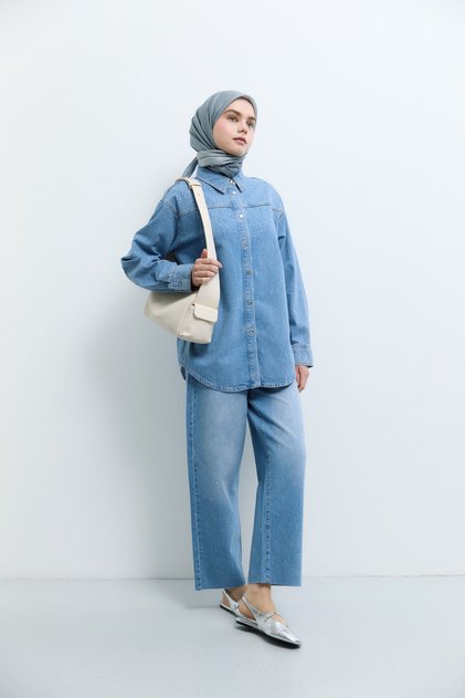 Ön Omzu Taş Detaylı Denim Ceket - Mavi