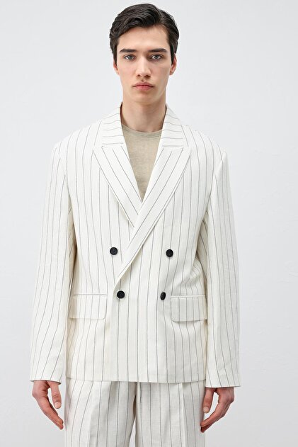 Ekru Keten Karışımlı Çizgili Erkek Blazer Ceket