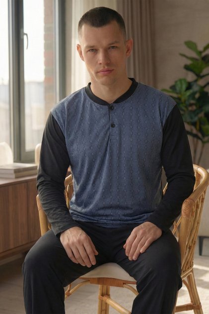 Men's Two-Button Collar Long Sleeve Jacquard Combed Cotton Pajama Set