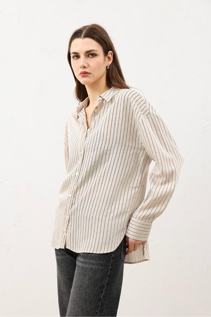 Beige Oversize Striped Women's Shirt