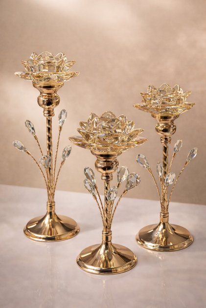 Lüks Gold Renk Kristal Detaylı Masa Üstü Şamdan Seti Mumluk Seti 3'lü Set