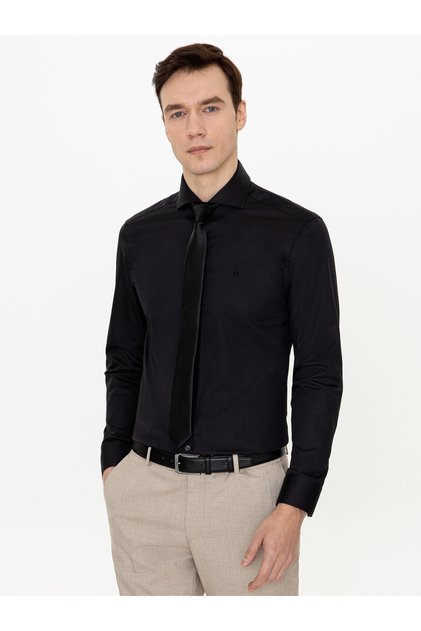 Black Slim Fit 100% Cotton Italian Collar Classic Shirt 50250845-Vr046