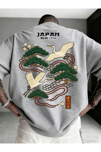 Unisex Kadın/Erkek JAPAN Özel Baskılı Oversize Penye Bisiklet Yaka T-Shirt