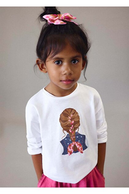 Yazlık Kız Çocuk Uzun Kol Bandanalı Tshirt - Beyaz