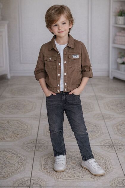 Boy's double pocket button-down 3-piece denim set (denim jacket, t-shirt, pants)