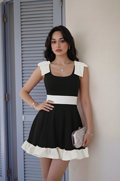 ALFUDO Moda Collection Black and White Bow Detail Ruffle Mini Homecoming  Evening Dress- Trendyol