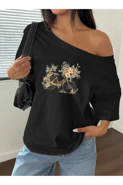 Tricou supradimensionat pentru femei, cu imprimeu floral și biciclete, cu guler bărcuță