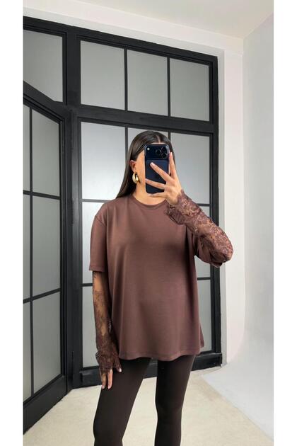 Women's Coffee Lace Sleeve Detailed Oversize T-Shirt Long Sleeve Stylish Blouse
