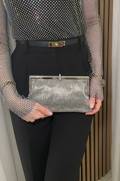 Women's Dark Gray Sparkling Stone Evening Bag - Stylish Metal Detailed Chain Strap Evening Clutch Bag