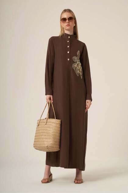 Women's Oversize Embroidered Dress Brown 31336