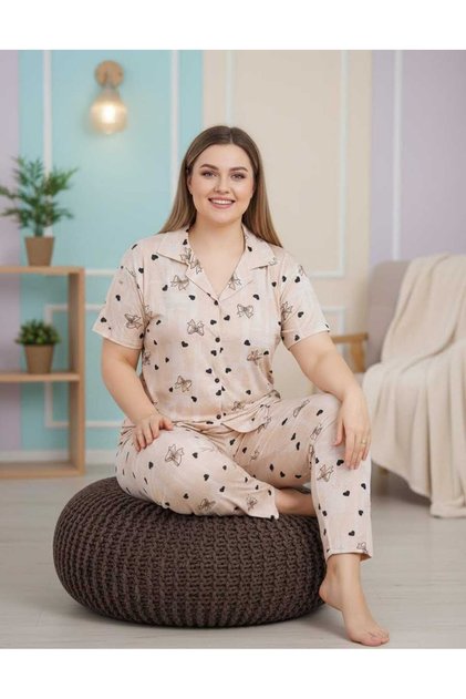 Plus Size Beige Color Ribbon Heart Pattern Plaid Shirt Collar Short Sleeve Milan Fabric Pajama Set