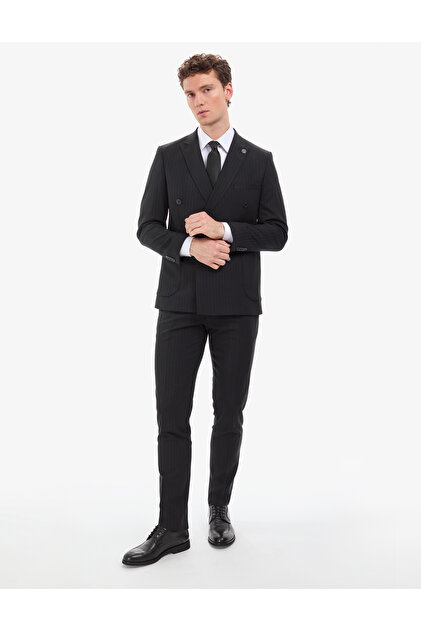 Black Extra Slim Fit Striped Double Breasted Suit 50316758-Vr046