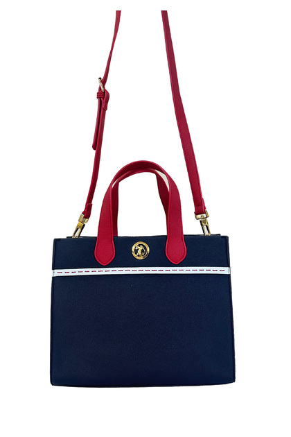 Geantă tote, bleumarin-alb-roșu, cu logo, pentru femei