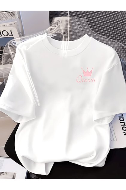 Mini pink queen crown detail printed premium oversize t-shirt