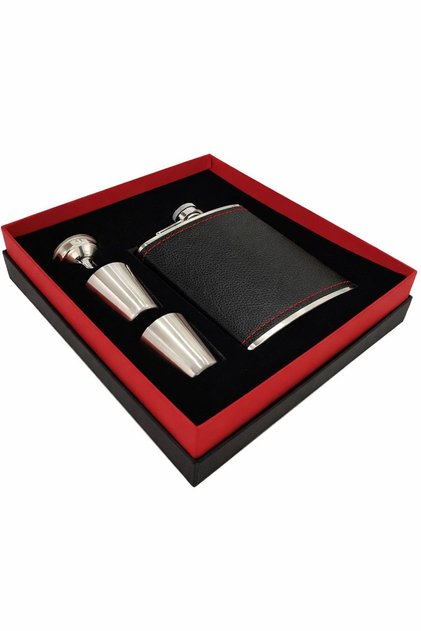Black Leather Covered Steel Flask Set 8 oz 240 ml Py96Sy-Takim