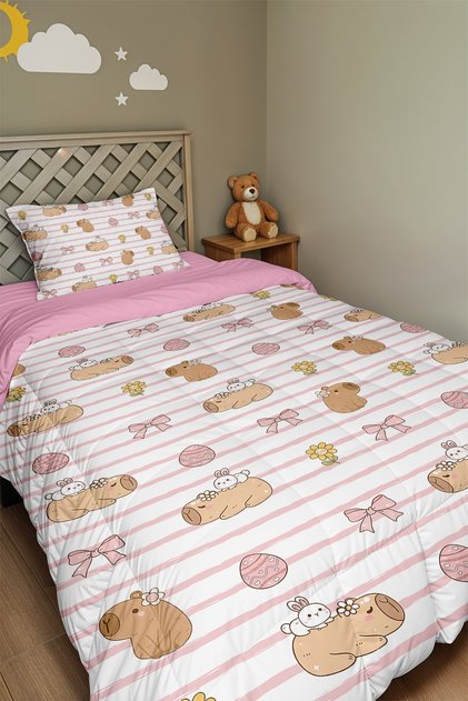 Rabbit and Capybara Patterned Single Duvet and Pillowcase