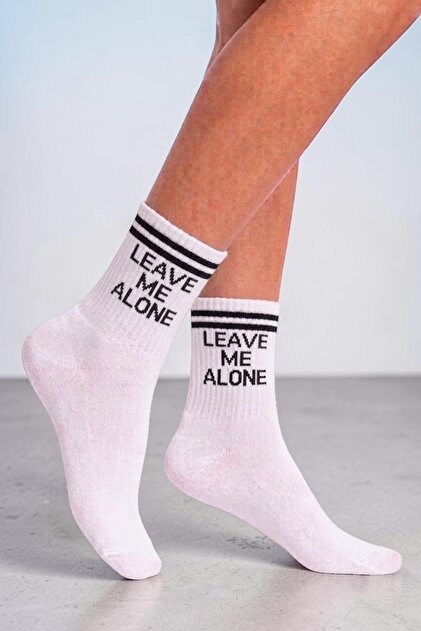 "LEAVE ME ALONE" Temalı Çorap Beyaz Kadın Erkek Genç Kolej Çorap -Tekli