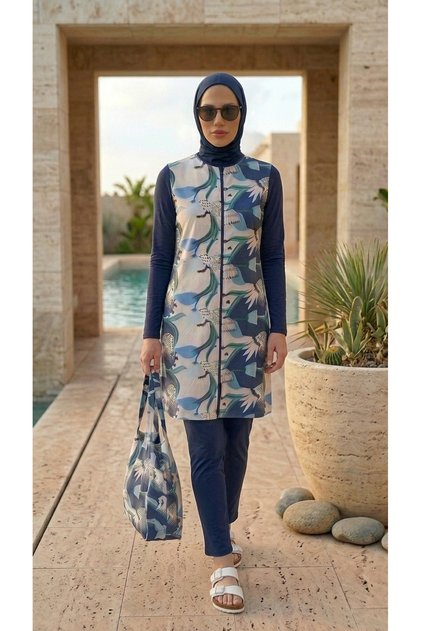 Women's Geometric Pattern Closed Water Repellent 5 Piece Hijab Pool Sea Swimsuit Set-Beach Bag Gift_2307