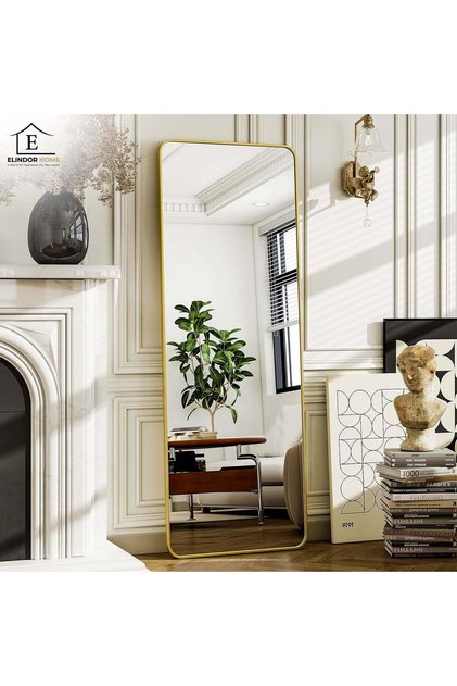® Oglindă de podea decorativă aurie, verticală, dreptunghiulară, cu colțuri rotunjite, 165x60 cm