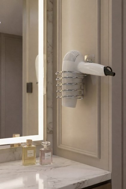 Metal Krom Yapışkanlı Saç Kurutma Makinesi Askısı - Banyo Duvar Düzenleyici MS-012