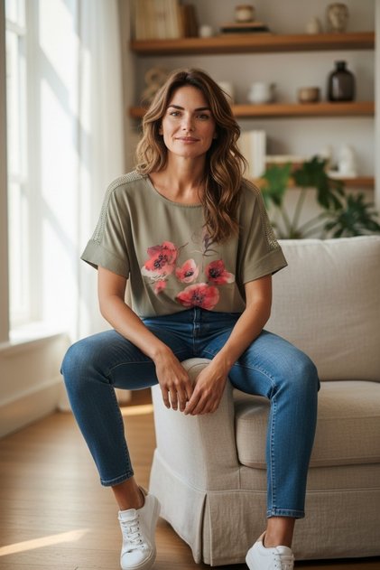 Crepe Fabric Blouse with Mesh Detail on the Shoulders