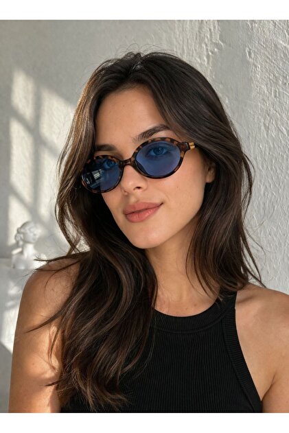 Maria様 sunglasses orb l y2k mirvia Kadın Oval Güneş Gözlüğü Kahverengi Leopar Çerçeve Mavi Cam