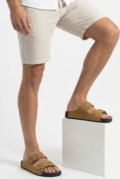Double Buckle Casual Men's Slippers Orthopedic Comfortable Sole Leather Look Stylish Summer Comfortable Slippers