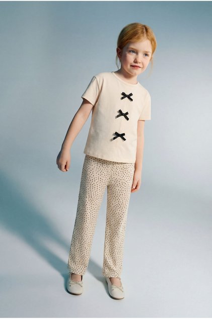 Girl's Cotton Cream Black Bow Detailed T-Shirt and Pants Set