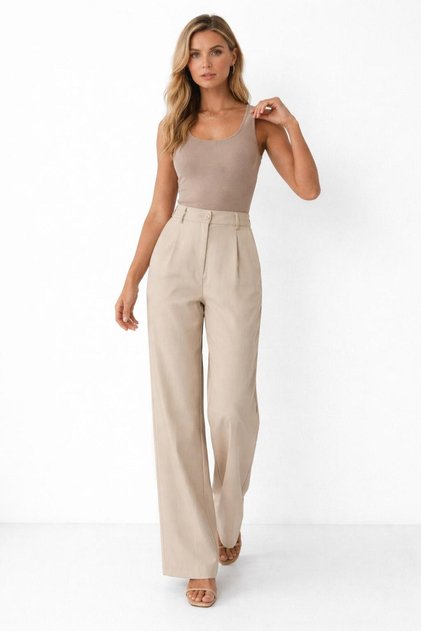 Women's Beige High Waist Wide Leg Fabric Trousers Office Chic