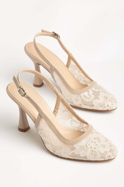 Large Size Women's Evening Dress Heeled Shoes Beige Tulle Patterned Round Toe