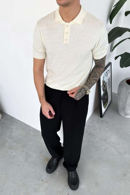 Cream Basic Knitwear Polo Neck T-Shirt