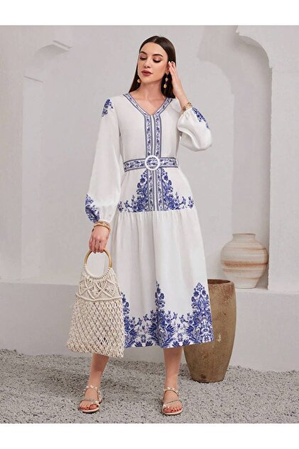 Iuliashop Lilou Long White Dress with Blue Floral Pattern - S- Trendyol